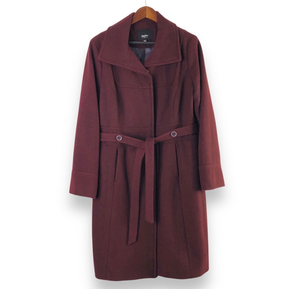 Mossimo Women Wool Blend Burgundy Tie Belt Coat Jacket XL Winter Formal Career